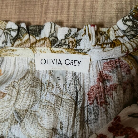 Olivia Grey Floral Button Up Top Women Size XL Off White Preppy Feminine - Picture 3 of 8